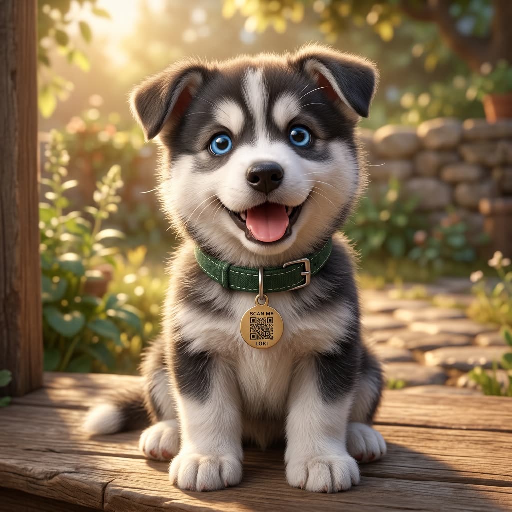 Thor, husky siberiano, paseando con su placa QR activa