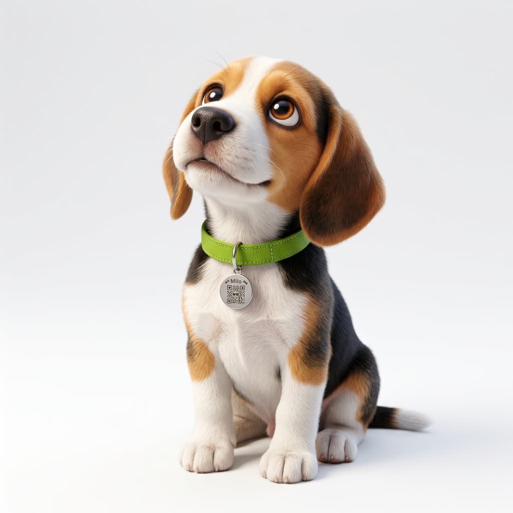 Luna, beagle, mientras se activa su placa QR desde el celular