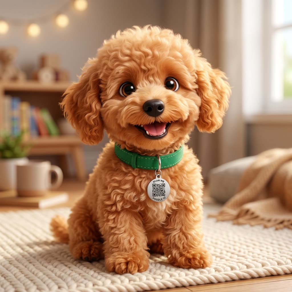 Caniche toy recién bañado listo para estrenar su placa PetGo